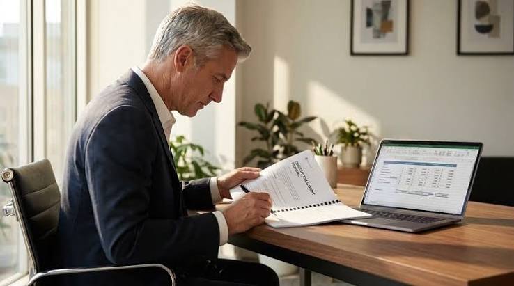 A consultant reviewing a written protocol beside a laptop